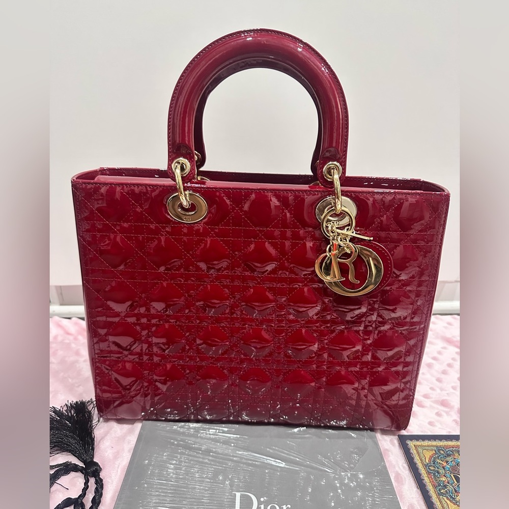 Lady Dior patent red Bag Large.